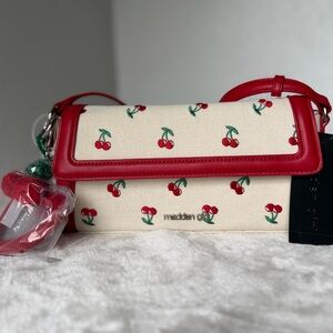 Madden Girl red cherry Shoulder Bag purse knitted Cherry Charm + heart mirror